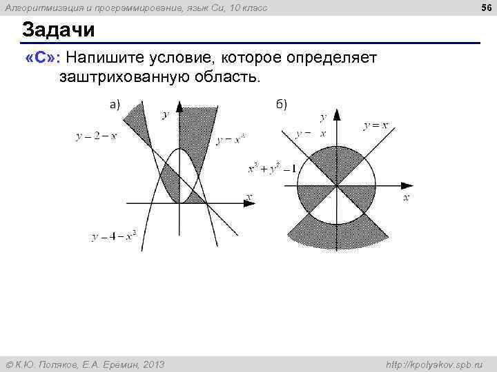 Алгоритмизация и программирование, язык Си, 10 класс 56 Задачи «C» : Напишите условие, которое