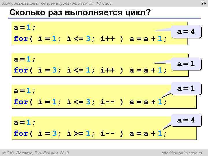 76 Алгоритмизация и программирование, язык Си, 10 класс Сколько раз выполняется цикл? a =