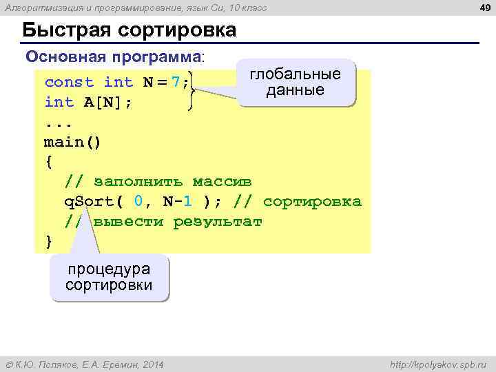 Алгоритмизация и программирование, язык Си, 10 класс 49 Быстрая сортировка Основная программа: глобальные const