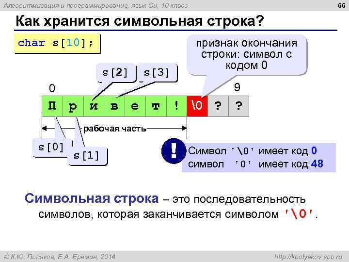 66 Алгоритмизация и программирование, язык Си, 10 класс Как хранится символьная строка? char s[10];