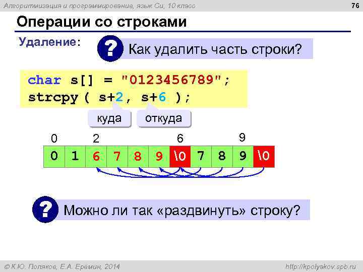 76 Алгоритмизация и программирование, язык Си, 10 класс Операции со строками ? Как удалить