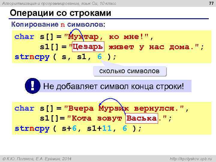 77 Алгоритмизация и программирование, язык Си, 10 класс Операции со строками Копирование n символов: