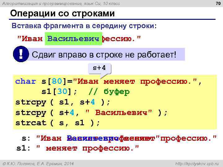 79 Алгоритмизация и программирование, язык Си, 10 класс Операции со строками Вставка фрагмента в