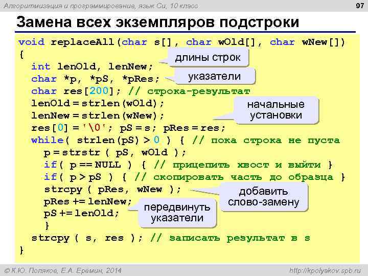 97 Алгоритмизация и программирование, язык Си, 10 класс Замена всех экземпляров подстроки void replace.