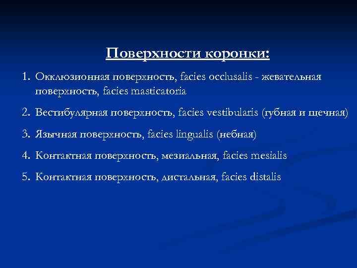 Поверхности коронки: 1. Окклюзионная поверхность, facies occlusalis - жевательная поверхность, facies masticatoria 2. Вестибулярная