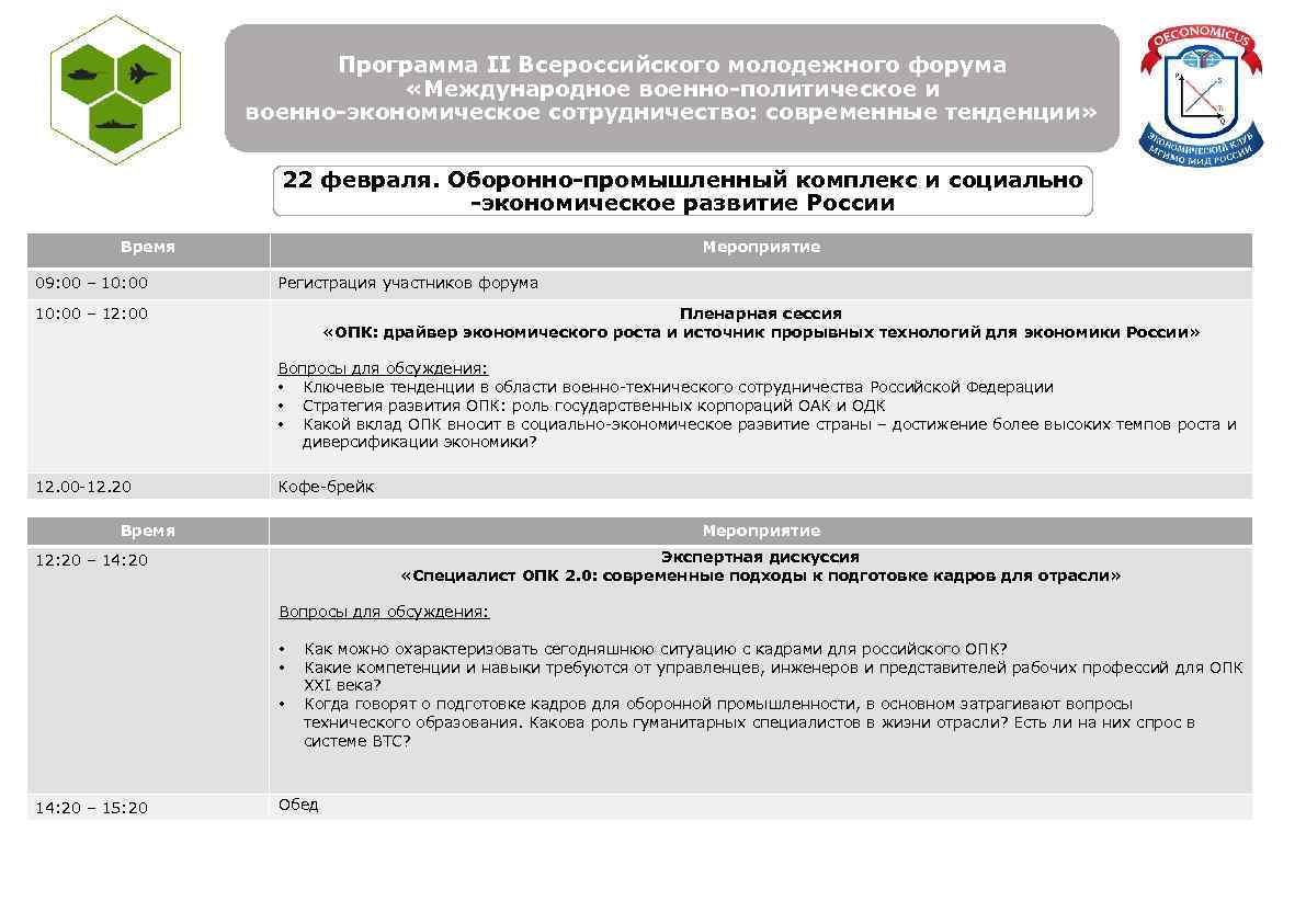 Программа II Всероссийского молодежного форума «Международное военно-политическое и военно-экономическое сотрудничество: современные тенденции» 22 февраля.