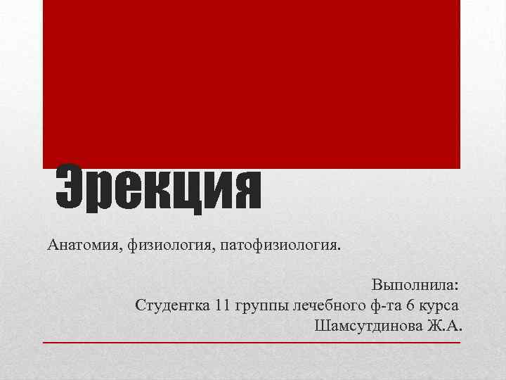 Эрекция Анатомия, физиология, патофизиология. Выполнила: Студентка 11 группы лечебного ф та 6 курса Шамсутдинова