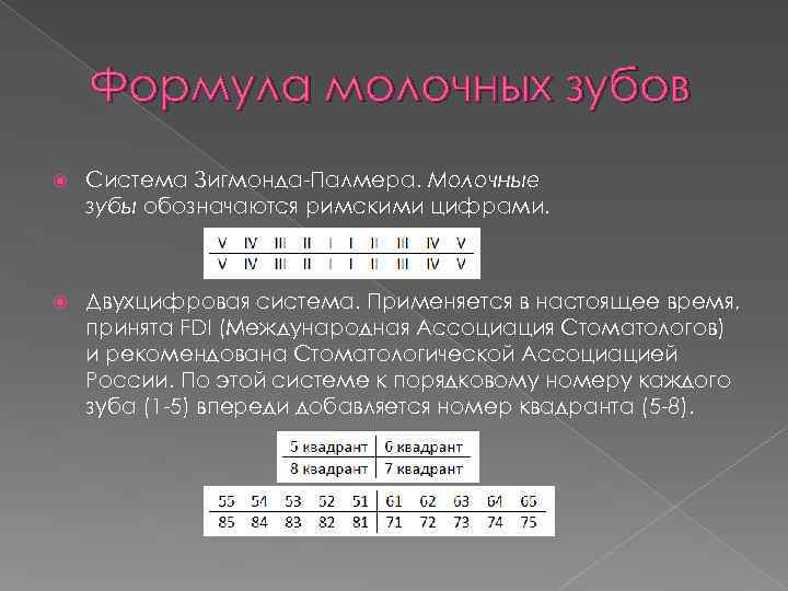 Формула молочных зубов Система Зигмонда-Палмера. Молочные зубы обозначаются римскими цифрами. Двухцифровая система. Применяется в