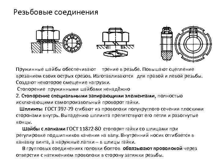 Резьбовые соединения Пружинные шайбы обеспечивают трение в резьбе. Повышают сцепление врезанием своих острых срезов.