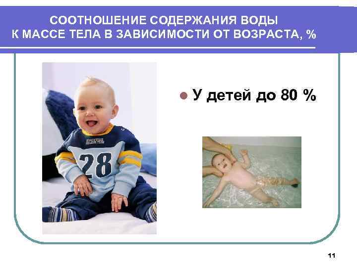 СООТНОШЕНИЕ СОДЕРЖАНИЯ ВОДЫ К МАССЕ ТЕЛА В ЗАВИСИМОСТИ ОТ ВОЗРАСТА, % l. У детей