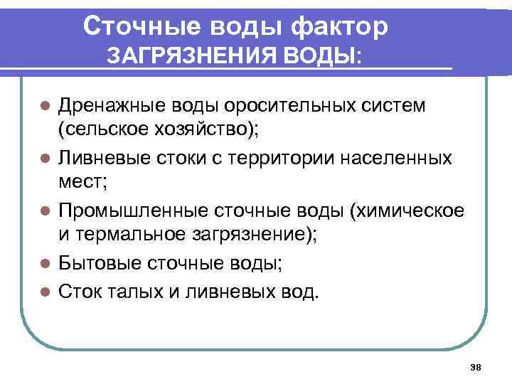 Сточные воды фактор ЗАГРЯЗНЕНИЯ ВОДЫ: l l l Дренажные воды оросительных систем (сельское хозяйство);