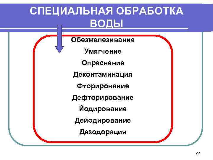 СПЕЦИАЛЬНАЯ ОБРАБОТКА ВОДЫ Обезжелезивание Умягчение Опреснение Деконтаминация Фторирование Дефторирование Йодирование Дейодирование Дезодорация 77 