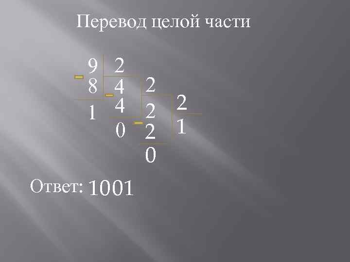 Перевод целой части 9 2 8 4 2 2 1 0 Ответ: 1001 