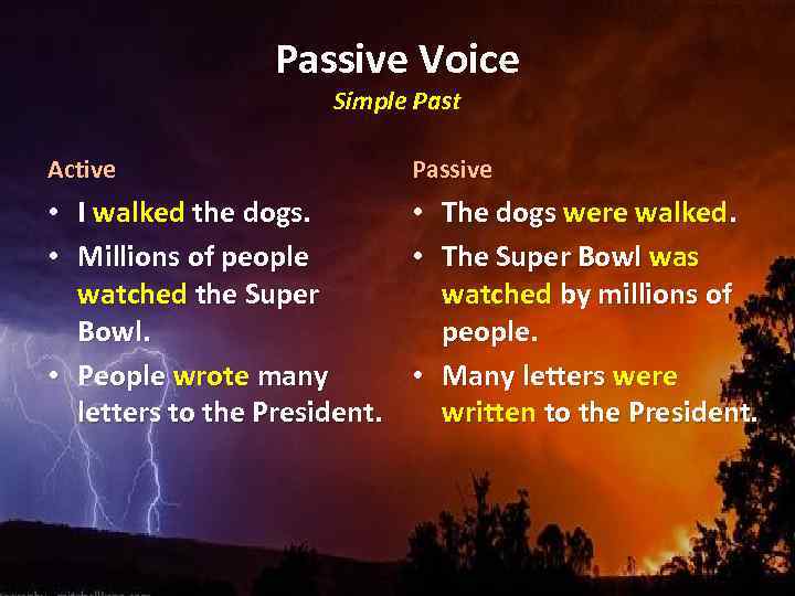 Passive Voice Simple Past Active Passive • I walked the dogs. • The dogs