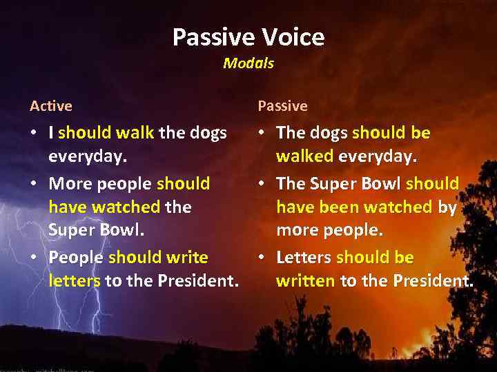 Passive Voice Modals Active Passive • I should walk the dogs everyday. • More