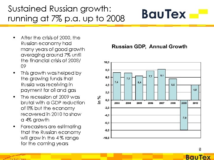 Sustained Russian growth: running at 7% p. a. up to 2008 • • After