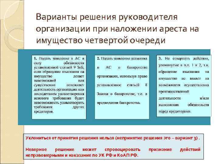 Варианты решения руководителя организации при наложении ареста на имущество четвертой очереди Уклониться от принятия