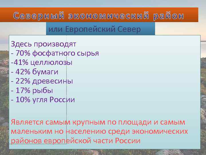 или Европейский Север Здесь производят - 70% фосфатного сырья -41% целлюлозы - 42% бумаги