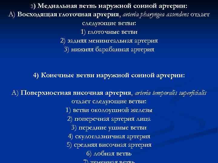 3) Медиальная ветвь наружной сонной артерии: А) Восходящая глоточная артерия, arteria pharyngea ascendens отдает