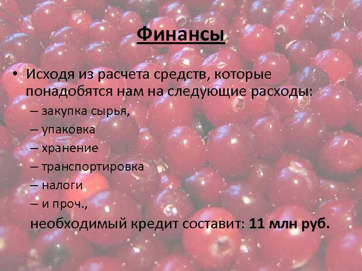 Финансы • Исходя из расчета средств, которые понадобятся нам на следующие расходы: – закупка