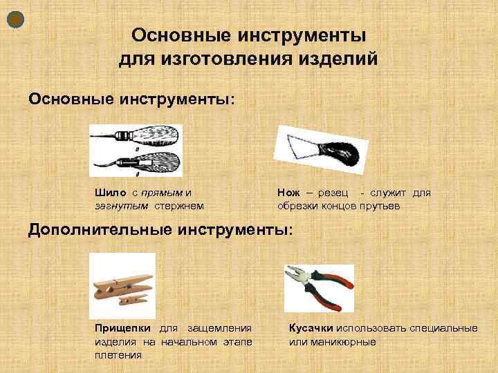 Основные инструменты для изготовления изделий Основные инструменты: Шило с прямым и загнутым стержнем Нож
