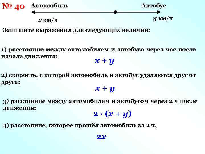 № 40 Автомобиль Автобус у км/ч х км/ч Запишите выражения для следующих величин: 1)