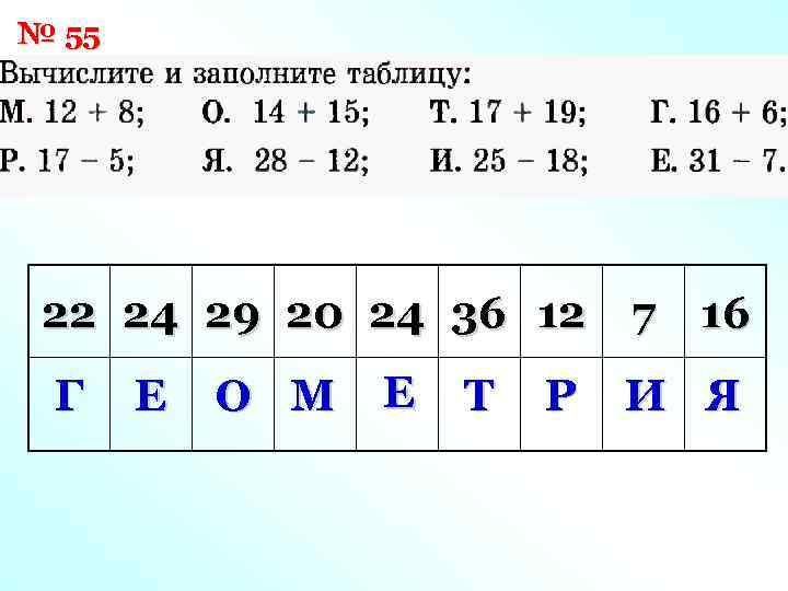№ 55 22 24 29 20 24 36 12 7 16 Г Е О