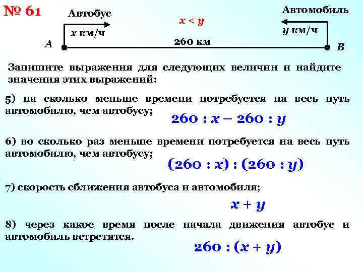 № 61 Автобус А х км/ч Автомобиль х<y у км/ч 260 км В Запишите