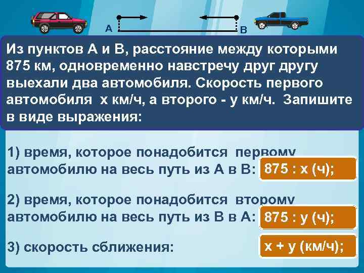 А В Из пунктов A и В, расстояние между которыми 875 км, одновременно навстречу