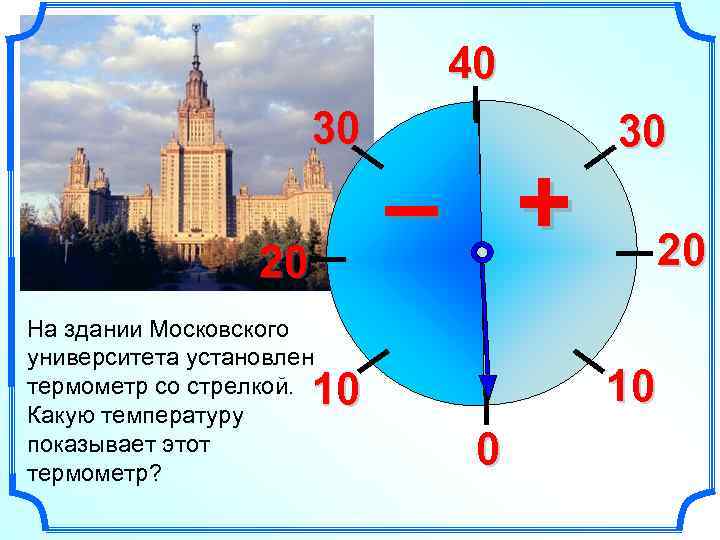 40 30 20 На здании Московского университета установлен термометр со стрелкой. Какую температуру показывает