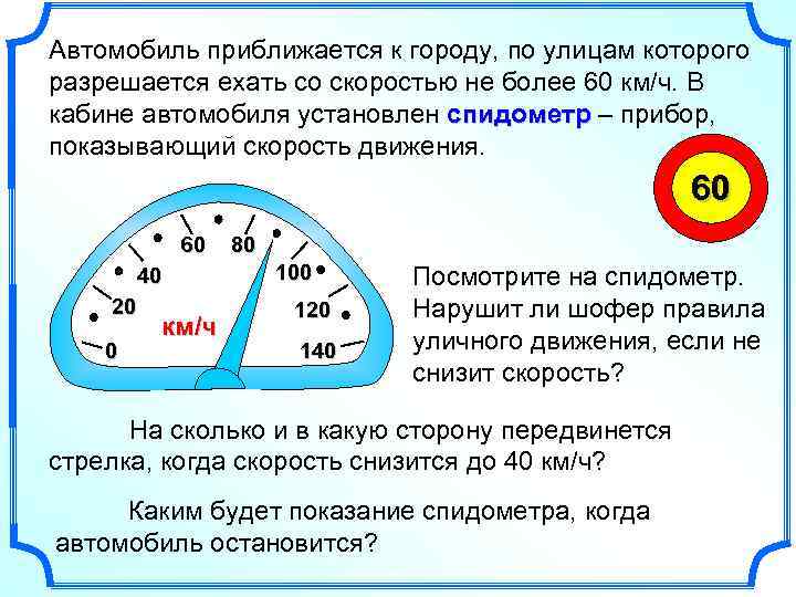 Автомобиль приближается к городу, по улицам которого разрешается ехать со скоростью не более 60
