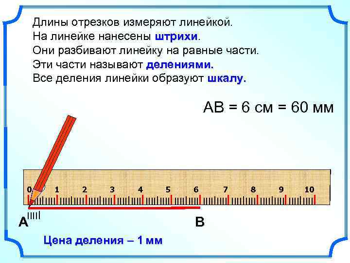 Длины отрезков измеряют линейкой. На линейке нанесены штрихи Они разбивают линейку на равные части.
