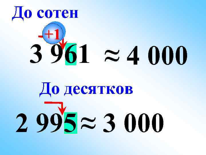 До сотен +1 3 961 ≈ 4 000 До десятков 2 995 ≈ 3