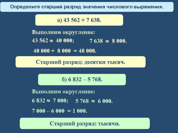Определите старший разряд значения числового выражения. а) 43 562 + 7 638. Выполним округление: