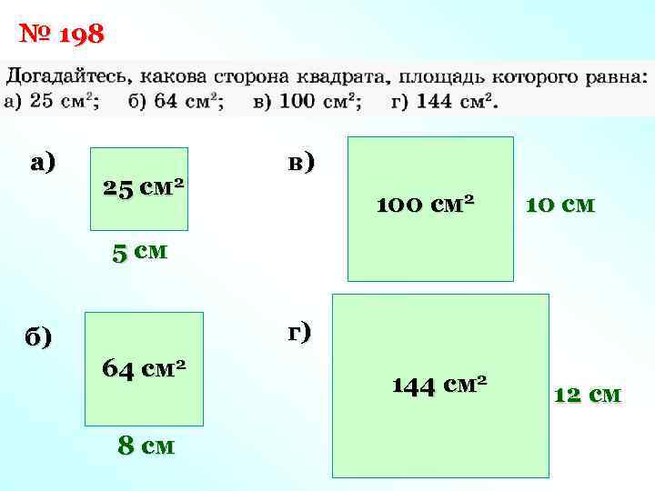 № 198 а) 25 см 2 в) 100 см 2 10 см 5 см
