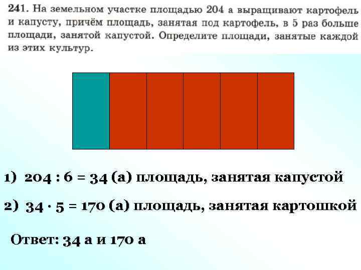 1) 204 : 6 = 34 (а) площадь, занятая капустой 2) 34 · 5