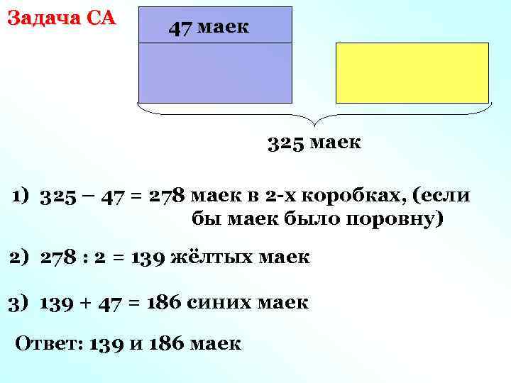 Задача СА 47 маек 325 маек 1) 325 – 47 = 278 маек в