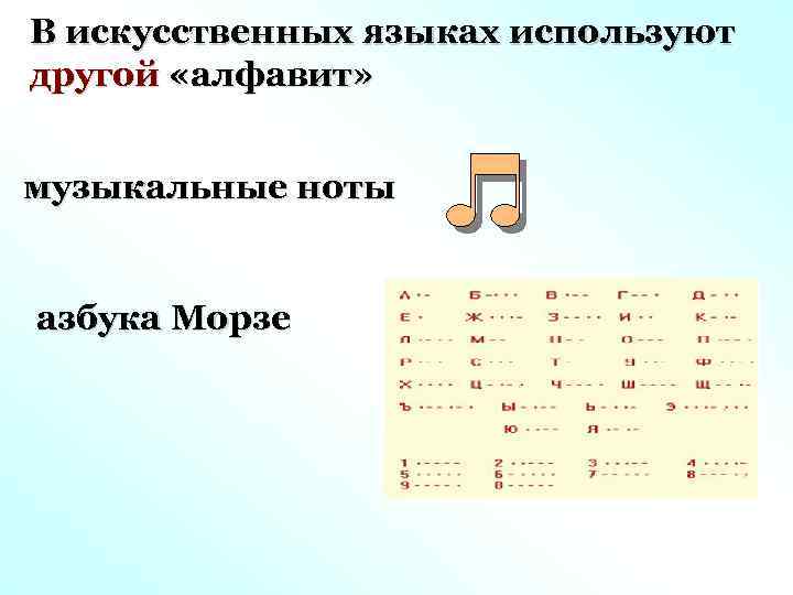 В искусственных языках используют другой «алфавит» музыкальные ноты азбука Морзе 