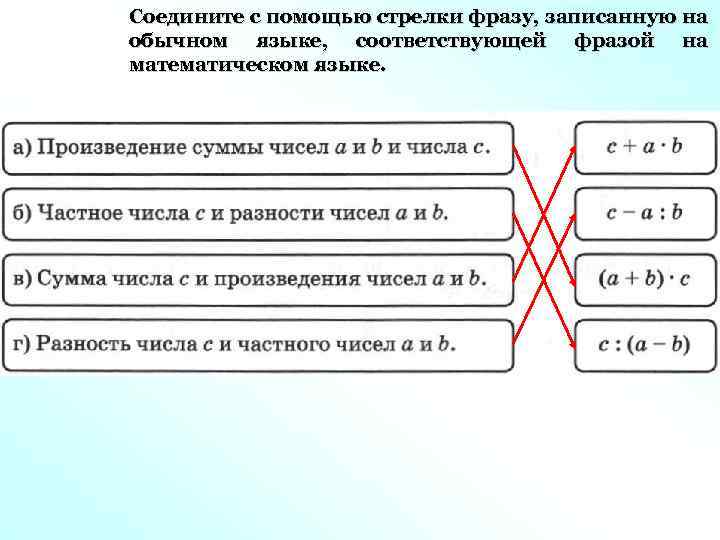 Соедините с помощью стрелки фразу, записанную на обычном языке, соответствующей фразой на математическом языке.