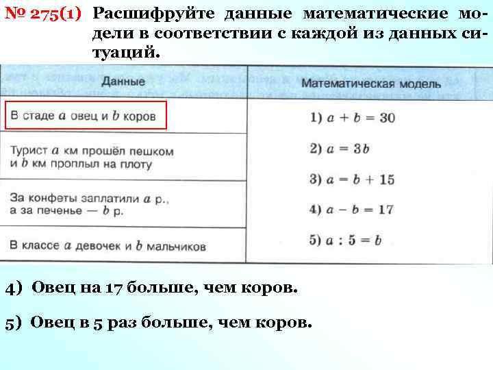 № 275(1) Расшифруйте данные математические модели в соответствии с каждой из данных ситуаций. 4)