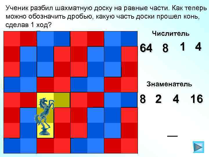 Ученик разбил шахматную доску на равные части. Как теперь можно обозначить дробью, какую часть