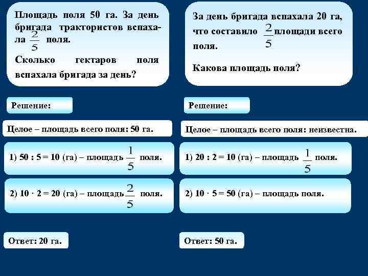 Площадь поля 50 га. За день бригада трактористов вспахала поля. За день бригада вспахала