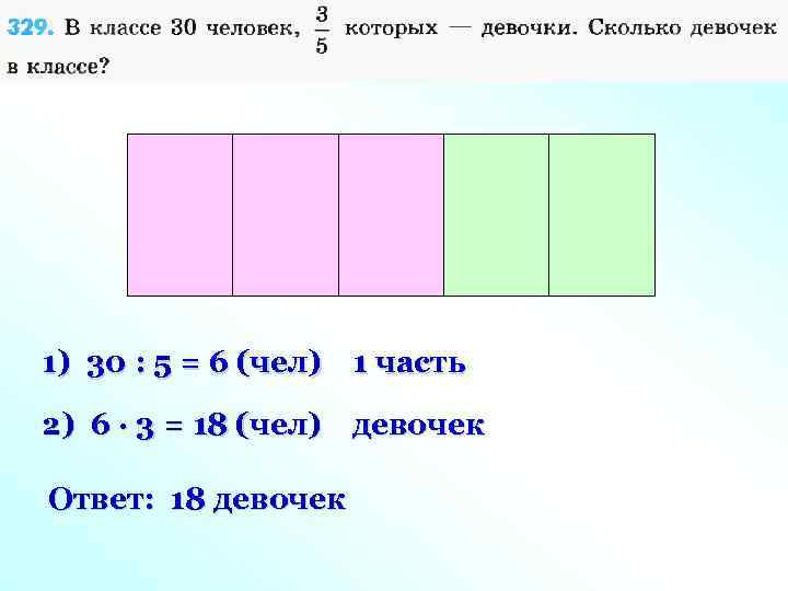 1) 30 : 5 = 6 (чел) 1 часть 2) 6 · 3 =