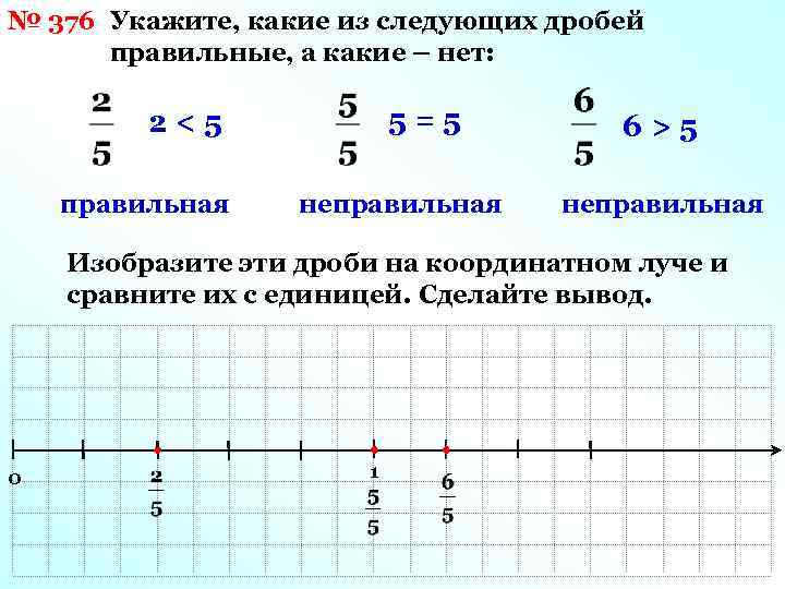 № 376 Укажите, какие из следующих дробей правильные, а какие – нет: 5=5 2<5