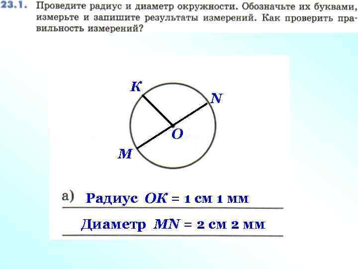 К N О М Радиус ОК = 1 см 1 мм Диаметр МN =