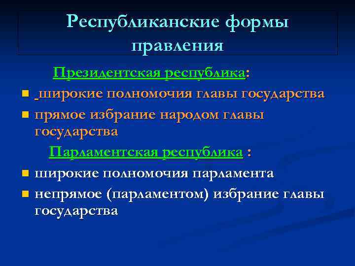 Республиканские формы правления Президентская республика: n широкие полномочия главы государства n прямое избрание народом