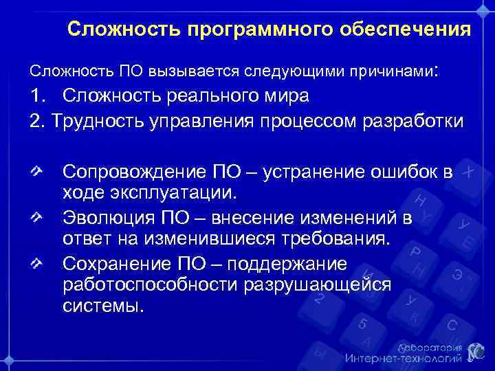 Сложность программного обеспечения Сложность ПО вызывается следующими причинами: 1. Сложность реального мира 2. Трудность