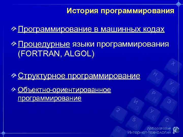 История программирования Программирование в машинных кодах Процедурные языки программирования (FORTRAN, ALGOL) Структурное программирование Объектно-ориентированное