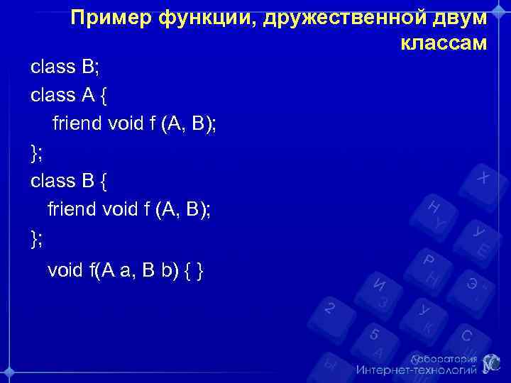 Пример функции, дружественной двум классам class B; class A { friend void f (A,