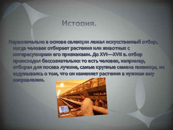 Первоначально в основе селекции лежал искусственный отбор, когда человек отбирает растения или животных с